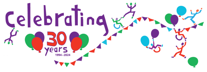 Heading: "Celebrating 30 years" with simple drawings of balloons, bunting and figures in DIY's colours of bright red, green and violet.