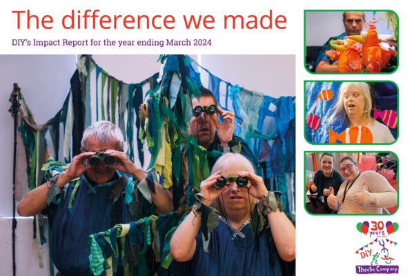 This is a link to open the PDF file of DIY's Impact Report for 2023-24. It says in big red letters "The difference we made" then underneath "DIY’s Impact Report for the year ending March 2024" there are some photographs; the main one shows people dressed in blue tunics facing the camera and all looking through binoculars. In the bottom right is DIY's logo with '30 years' and balloons added to it.